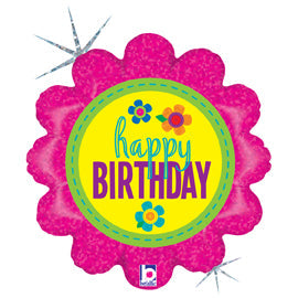 18" Birthday Button Flowers Hot Pink Foil Balloon